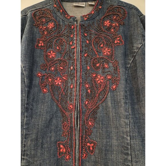 Chicos Beaded Denim Blazer Jacket Sz 3 (XL) Coral Western Boho - Picture 3 of 13